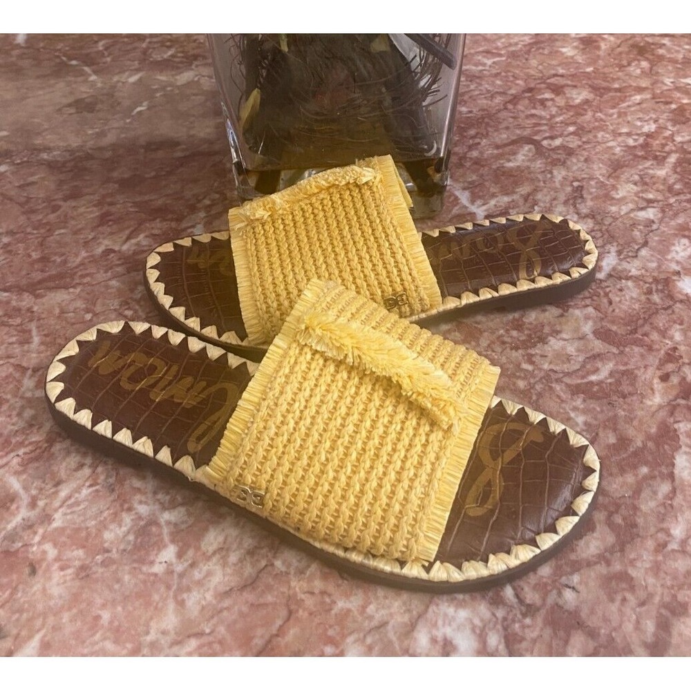 New Sam Edelman Women's Glenda Yellow Raffia Fringed Flat Sandals Size 6, $90